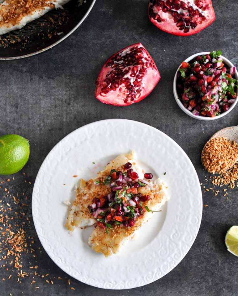 Toasted Coconut Tilapia with Pomegranate Salsa
