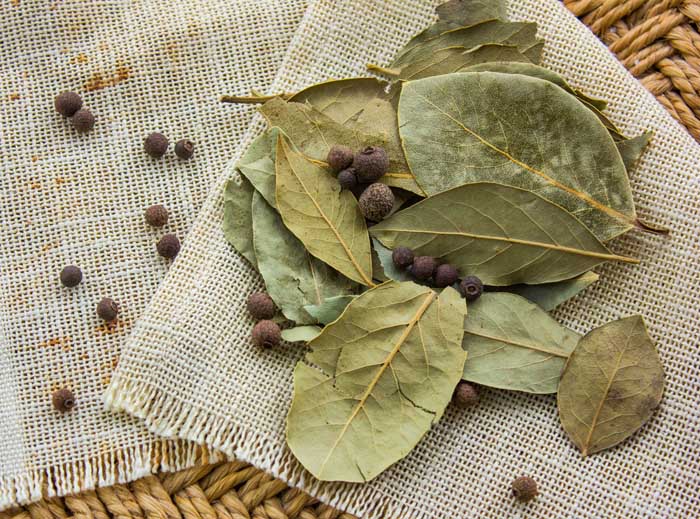 bay leaves on a straw background with pepper