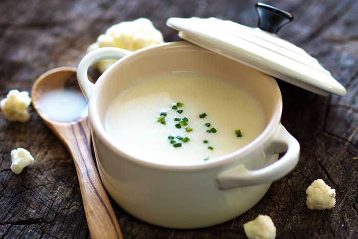 Cauliflower Cheese Soup in a serving pot