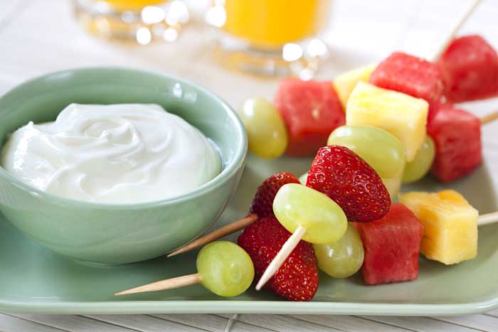 Fruit Skewer in a Platter with Yogurt Dip