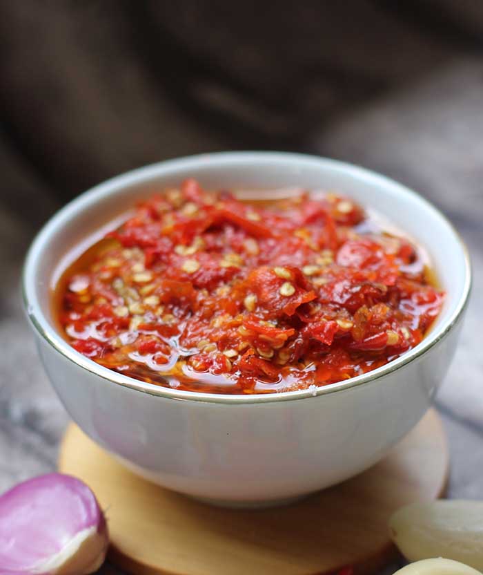 Sambal served in a white bowl