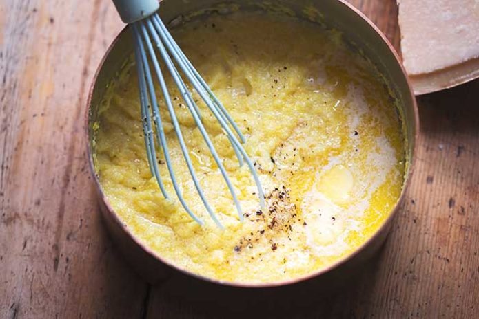 cooked polenta with parmesan butter and chicken stock