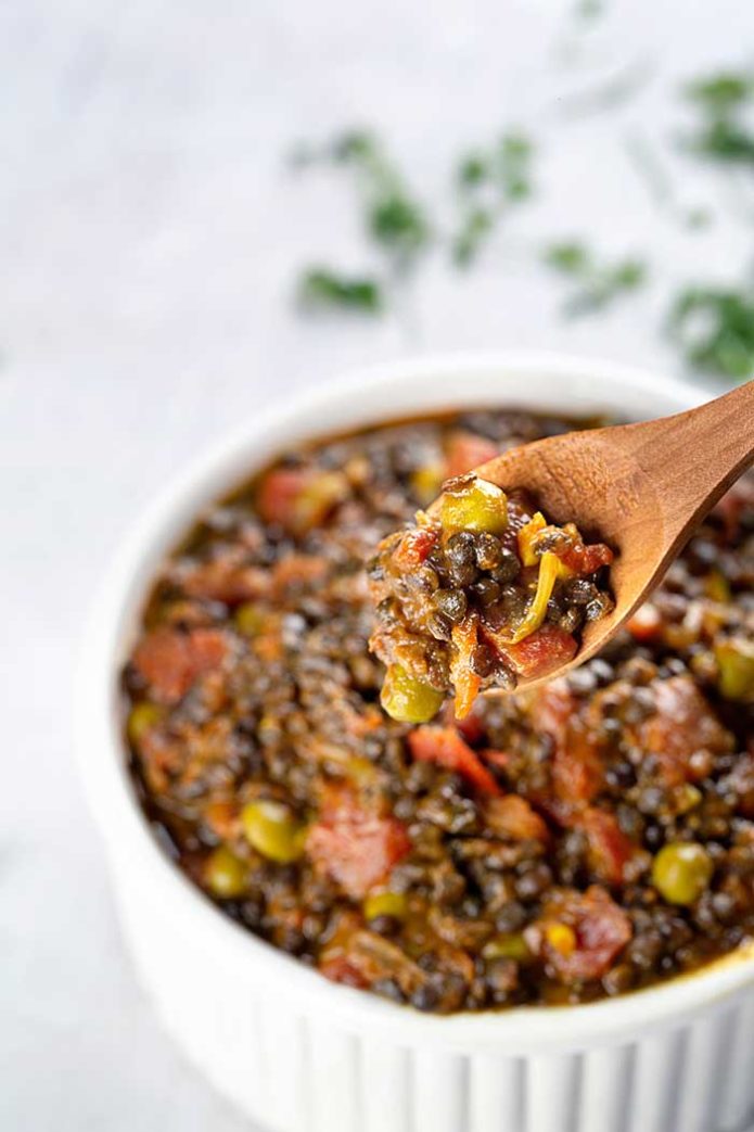 black lentil curry with wooden spoon on white background with coriander onions and carrots