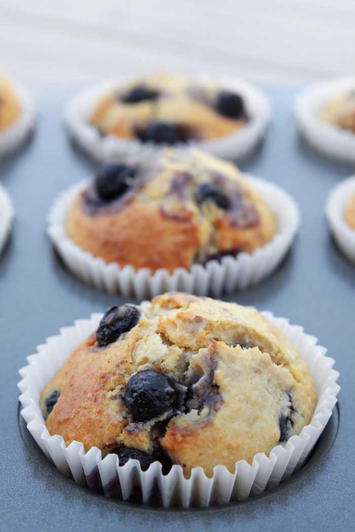 close-up of blueberry breakfast muffins made with almond flour and almond milk