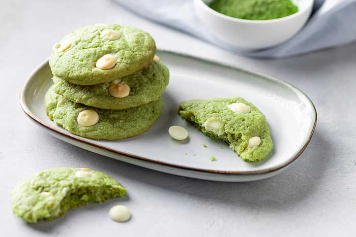 close-up of green tea matcha cookies with white chocolate on plate