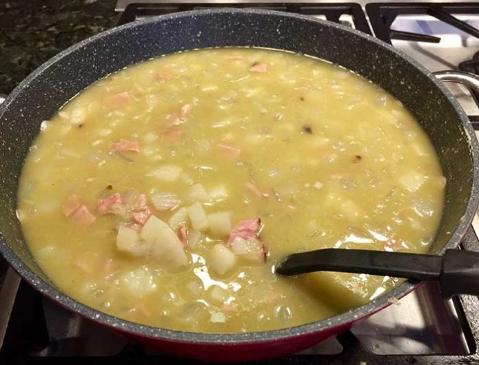 potato ham lentil soup reducing on simmer
