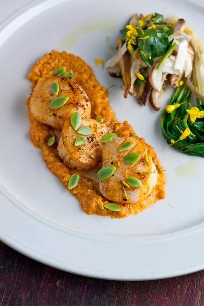 sea scallops sauteed with saffron vegetable puree and shiitake mushrooms