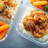 vegan meal prep with bbq cauliflower rice carrots and sugar peas