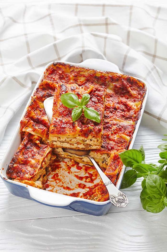 vegan tofu lasagna with champignon mushrooms